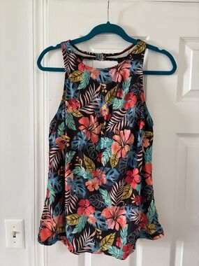 Floral Tropical Halter Swim Tank Top - Black with Coral & Teal